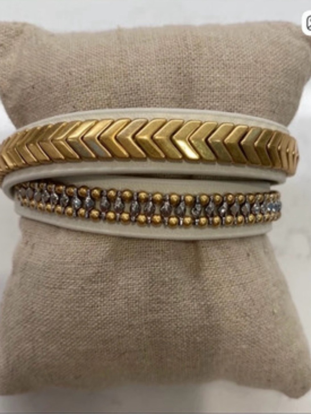 Stella & Dot Embroidered Leather Wrap Bracelet White, gold, silver